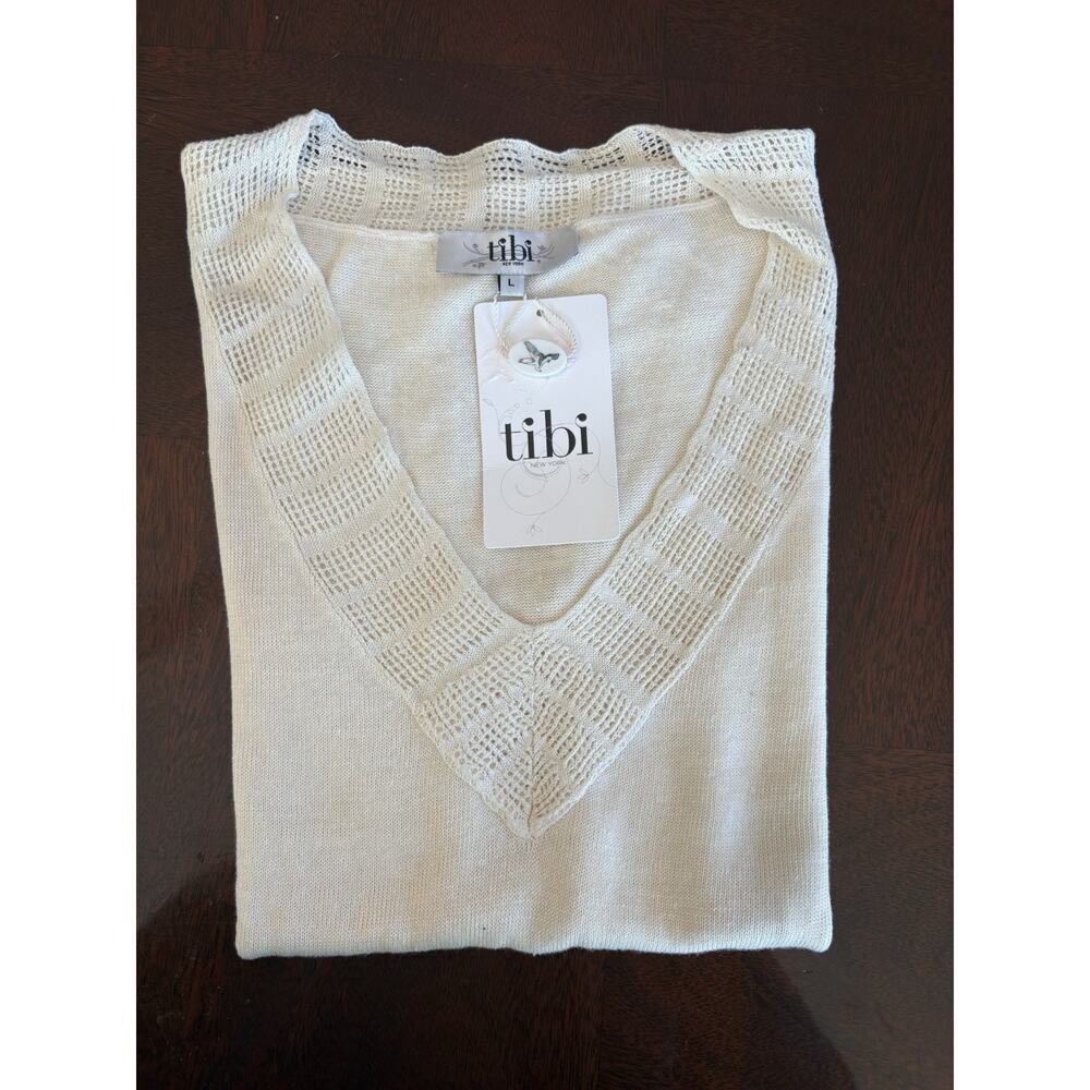 Tibi Cream Color Size Lg V-neck Knit w/ Lattice Detail At Neckline Linen Silk - Picture 5 of 5